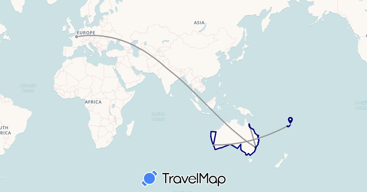 TravelMap itinerary: driving, plane, boat in Australia, Fiji, France, India (Asia, Europe, Oceania)